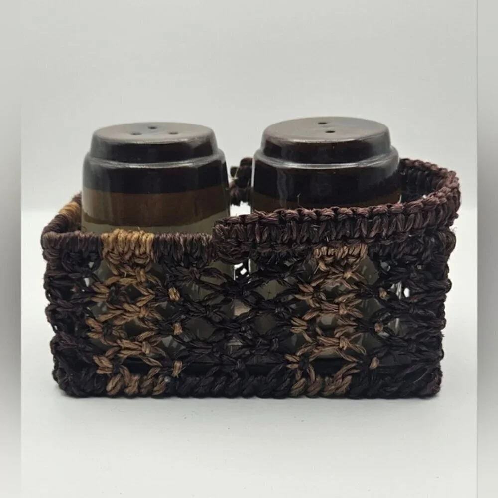 Vintage 1970's Salt & Pepper Shakers Stoneware Brown & Tan Complete with Wicker